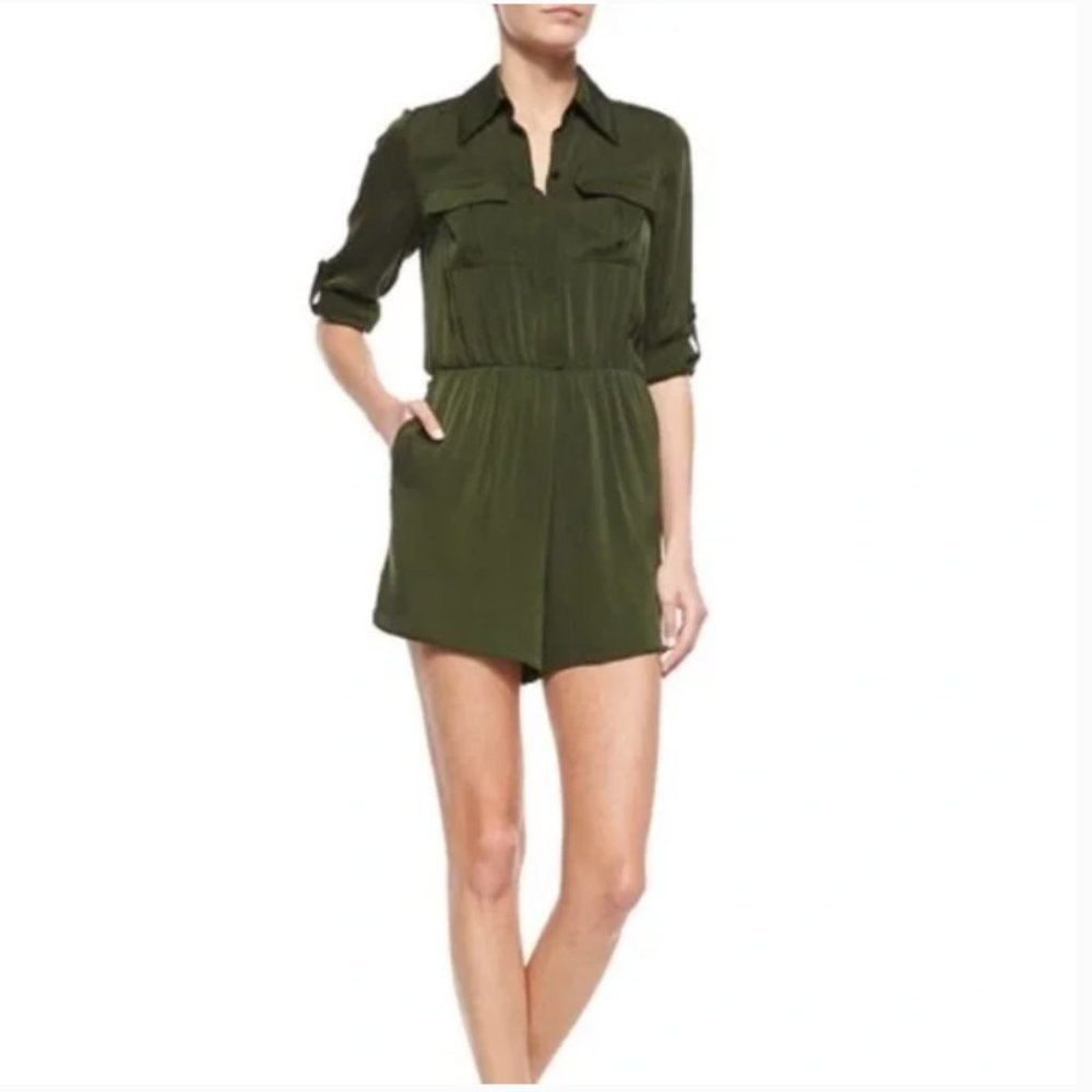 Alice + Olivia Dark Green Silk Romper Collared Button Down Pockets Size 2